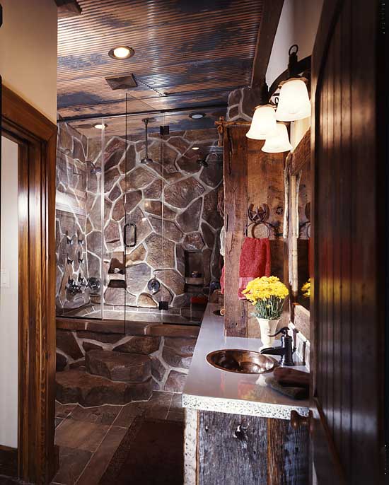 Texas log home master bathroom dark wood